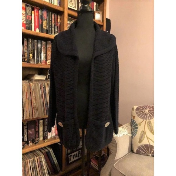 vintage '80s black open cardigan sweater, sz large - Picture 7 of 9